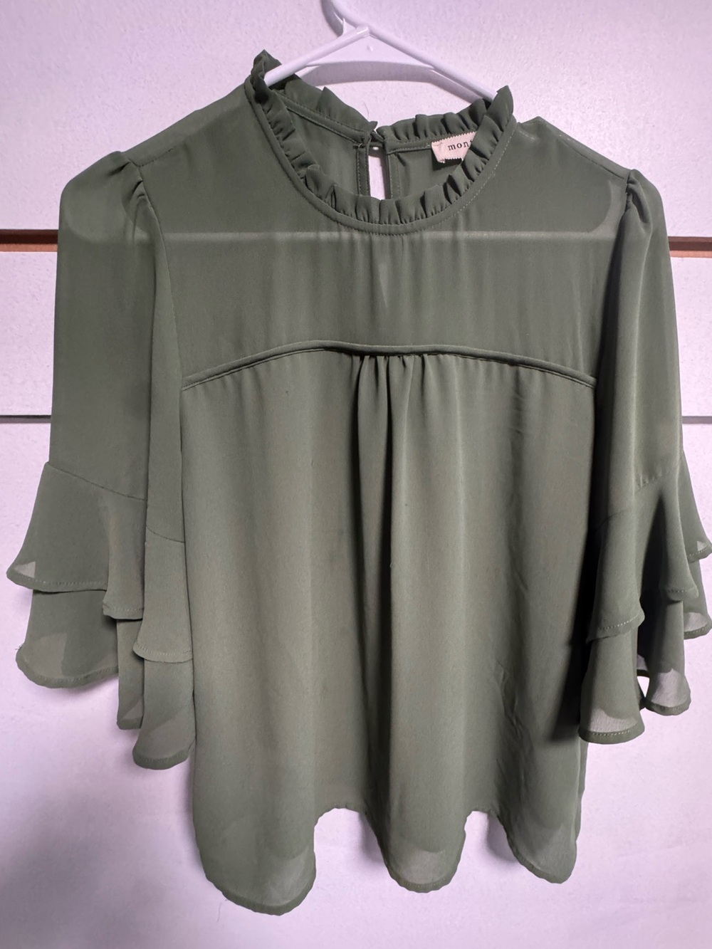 Monteau Olive Green Ruffle Neck Layered Sleeve Blouse